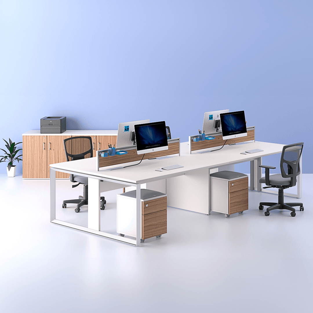 Plataforma Atto S para escritórios e ambientes corporativos, com design moderno, estrutura funcional e configuração ideal para estações de trabalho colaborativas.