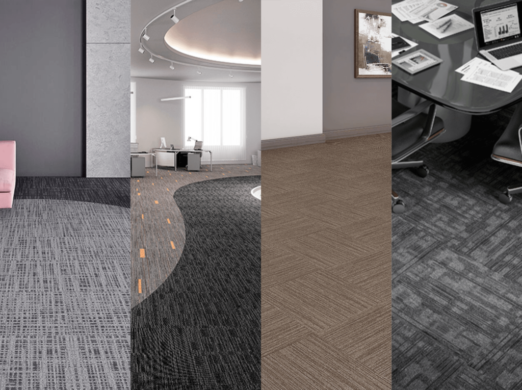 Variedade de placas de carpete modular em diferentes cores e texturas
