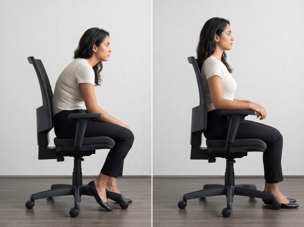 Comparação de postura má postura vs postura correta em cadeira ergonômica