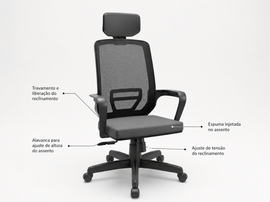 Detalhes técnicos de cadeira ergonômica corporativa de qualidade