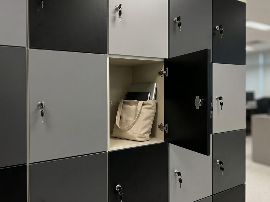 Locker de escritório aberto revelando interior organizado, demonstrando uso prático de locker corporativo.
