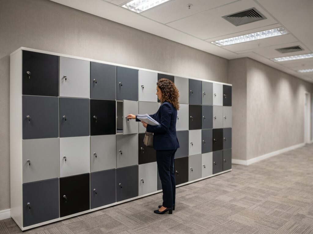 Funcionária acessando lockers para escritório corporativo moderno, demonstrando organização no ambiente de trabalho.