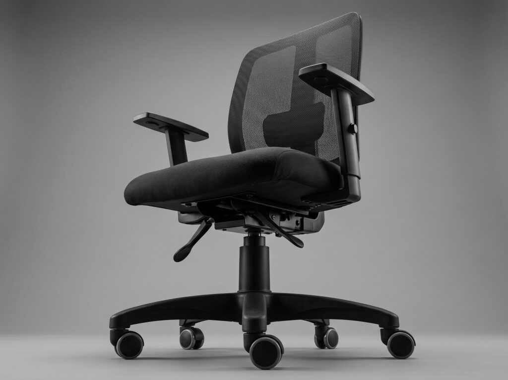 Cadeira ergonômica mostrando suas partes principais: encosto em tela, apoio lombar, assento em espuma, braços ajustáveis e base giratória