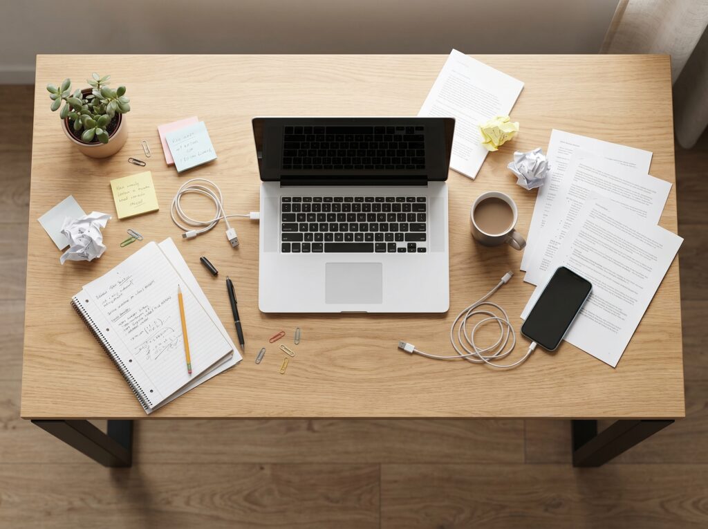 Vista superior de mesa bagunçada mostrando ambiente de trabalho caótico