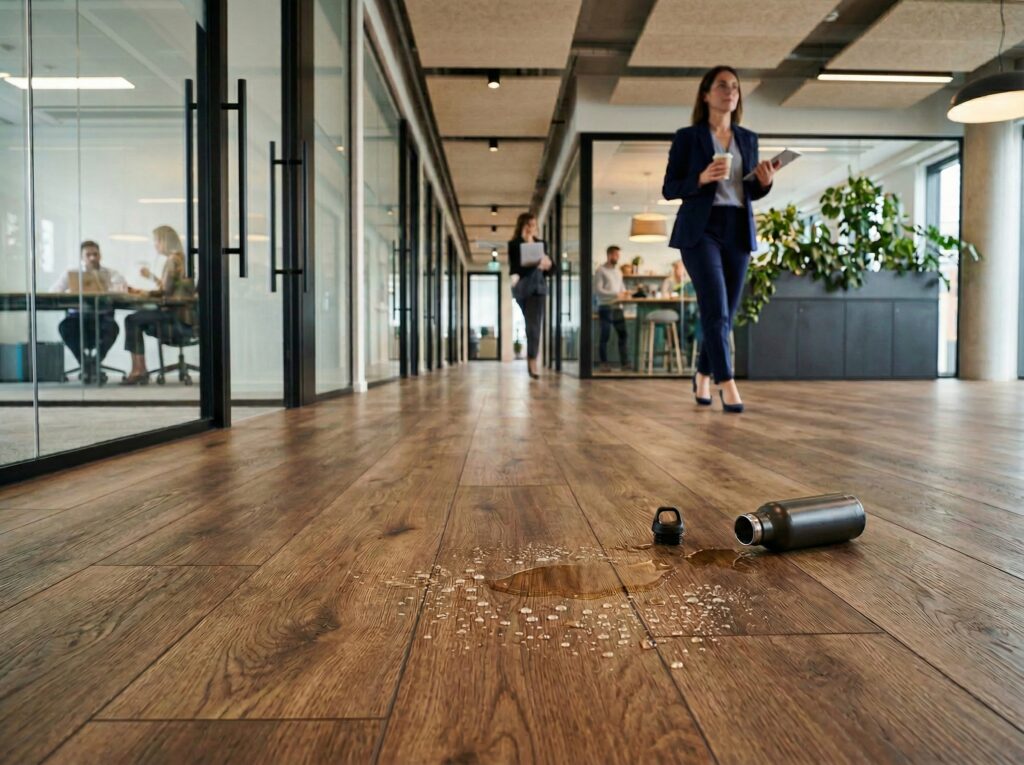 Piso vinílico LVT, mostrando a resistência à água com gotas visíveis na superfície