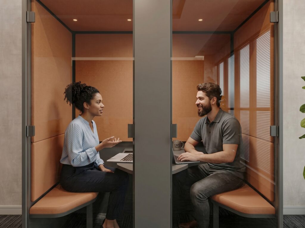 Cabine Phone para escritório com duas pessoas em reunião, sentadas em ambiente reservado com isolamento acústico e mesa de apoio.