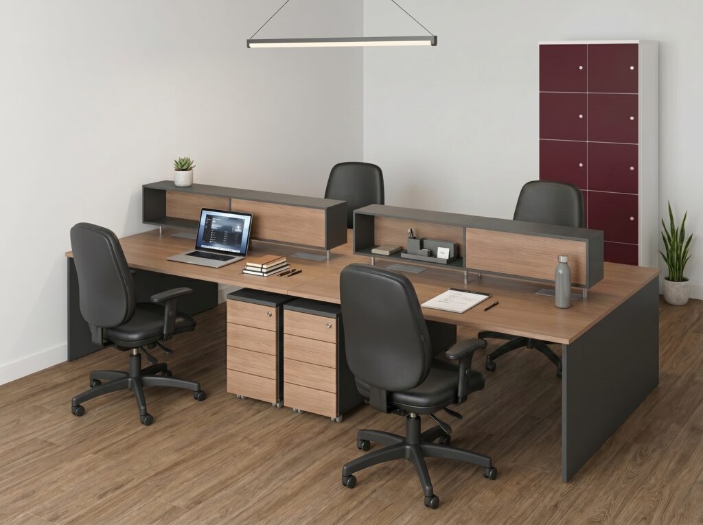 Escritório compacto e moderno projetado para 4 pessoas, cadeiras ergonômicas pretas e lockers.