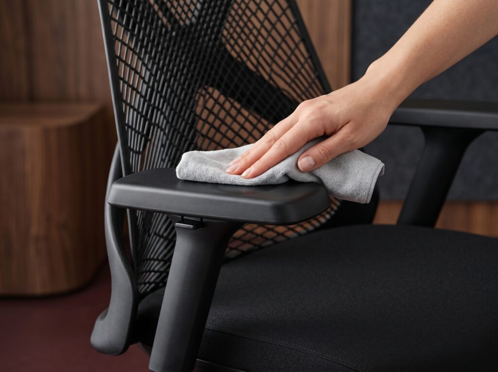 Limpeza Regular de uma cadeira ergonômica com um pano úmido para remover poeira.