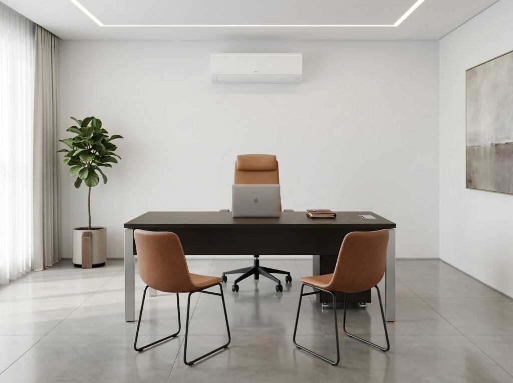 Sala de diretoria clean e sofisticada com mesa executiva, cadeiras em couro caramelo, ar-condicionado, planta decorativa e iluminação embutida.