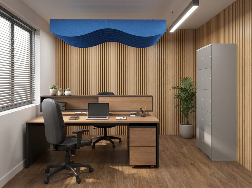 Pequeno escritório organizado com lockers, mesa de trabalho, cadeira ergonômica, baffles acústicos azuis no teto e piso Vinílico LVT